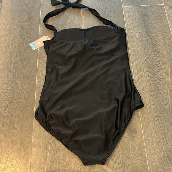 Halter One Piece Ruching Tummy Control Retro Bathing Suit, Black, Women Size XL - Picture 8 of 14